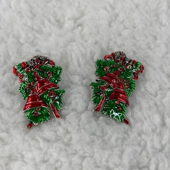 Vintage Marie Jennifer Christmas Bells 2" Brooch Pendant 1" Earrings Red Green - Picture 5 of 10